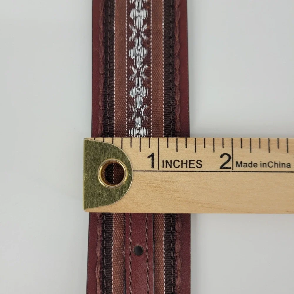 Womens Brown Leather Western Belt XL Silver Embroidered Mosaic Boho Eclectic